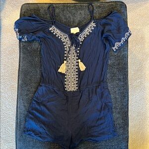 Blue Embroidered Romper with Ruffled Sleeves
